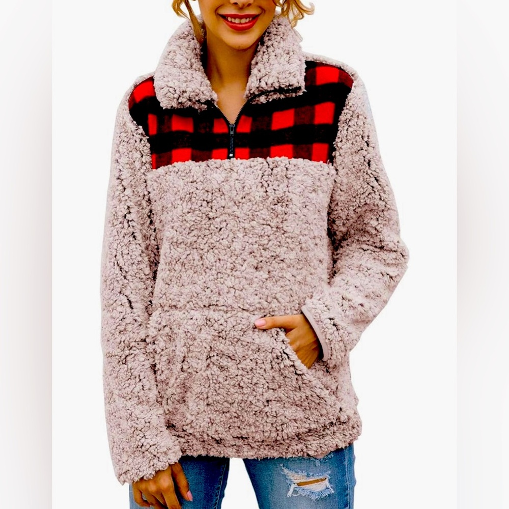 Women Color-Block Plaid Print Warm Fleece Zipper